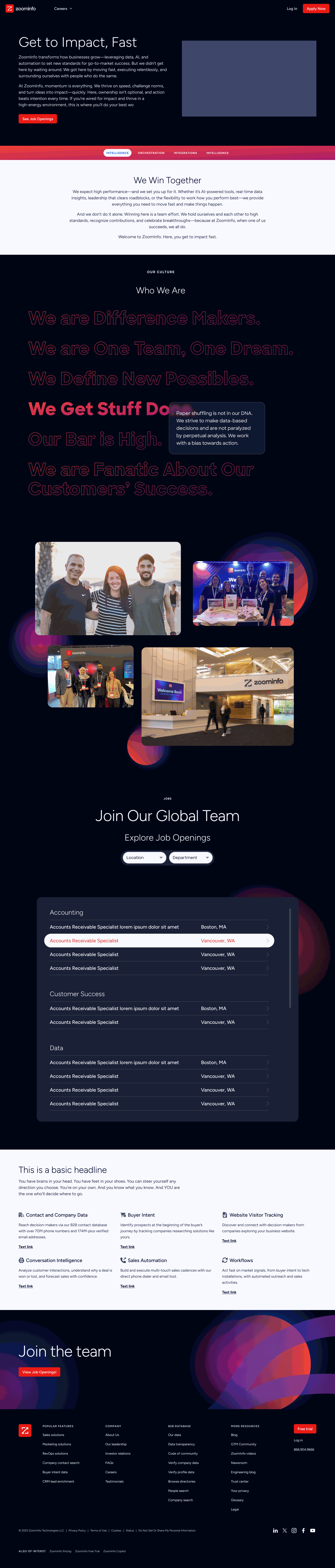 Before: the current ZoomInfo careers page, dark and navy