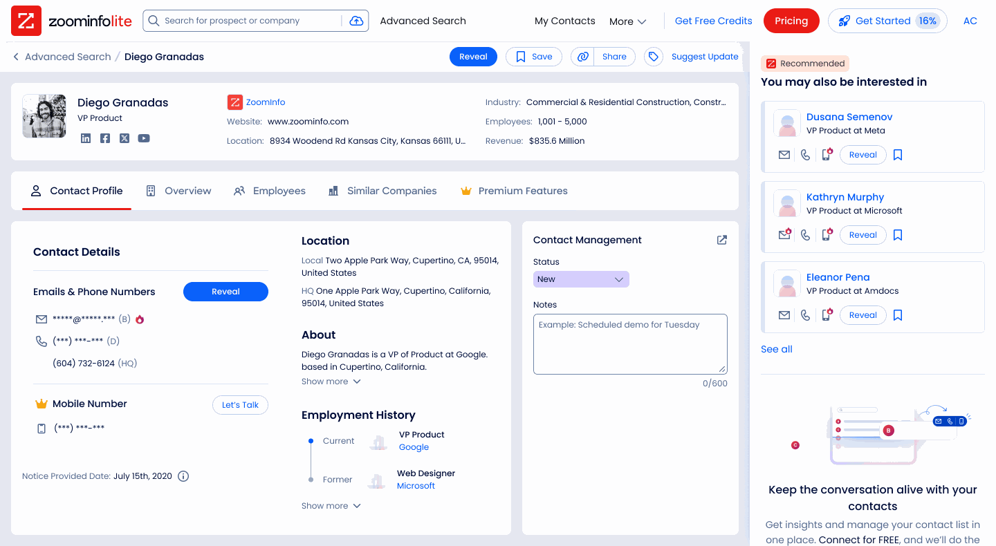 A contact profile with a Contact Management panel for status and notes