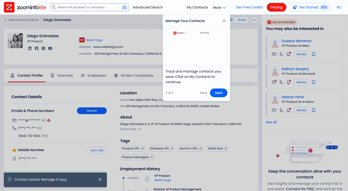 Manage My Contacts coachmark on a profile