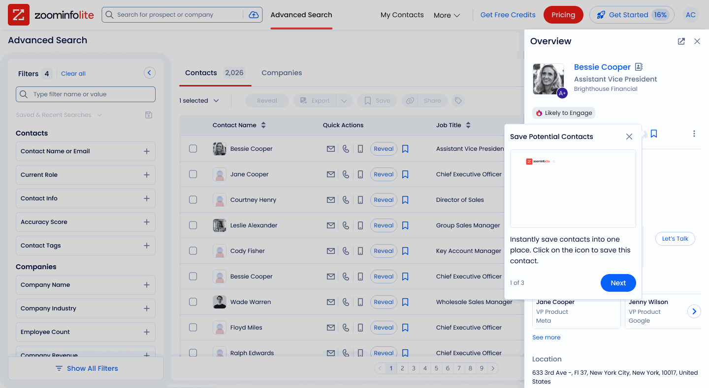 Save Potential Contacts coachmark in Advanced Search