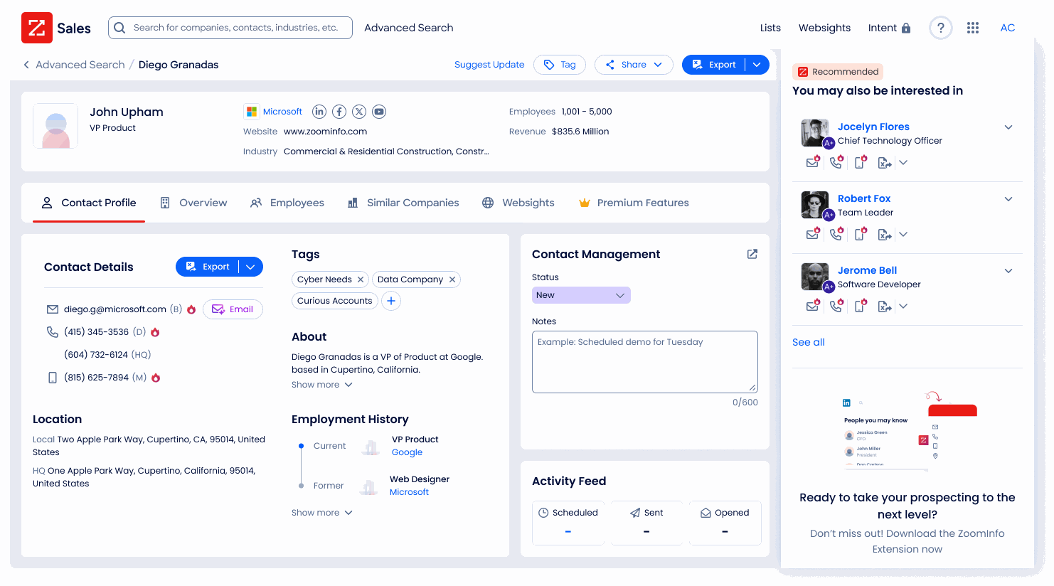 Contact profile with an empty activity feed, before engagement