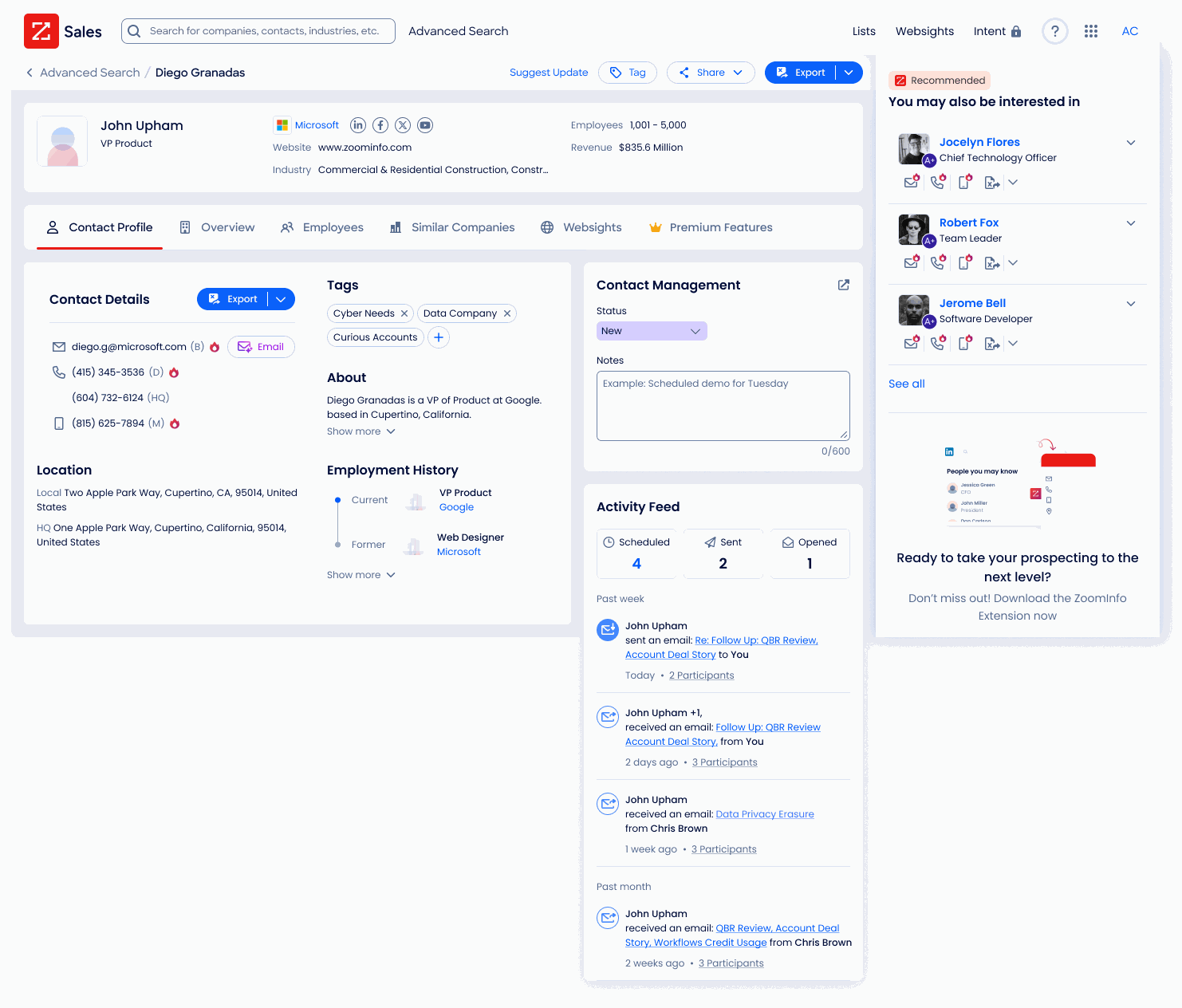 Contact profile after engagement: scheduled, sent, opened and replied events in the activity feed