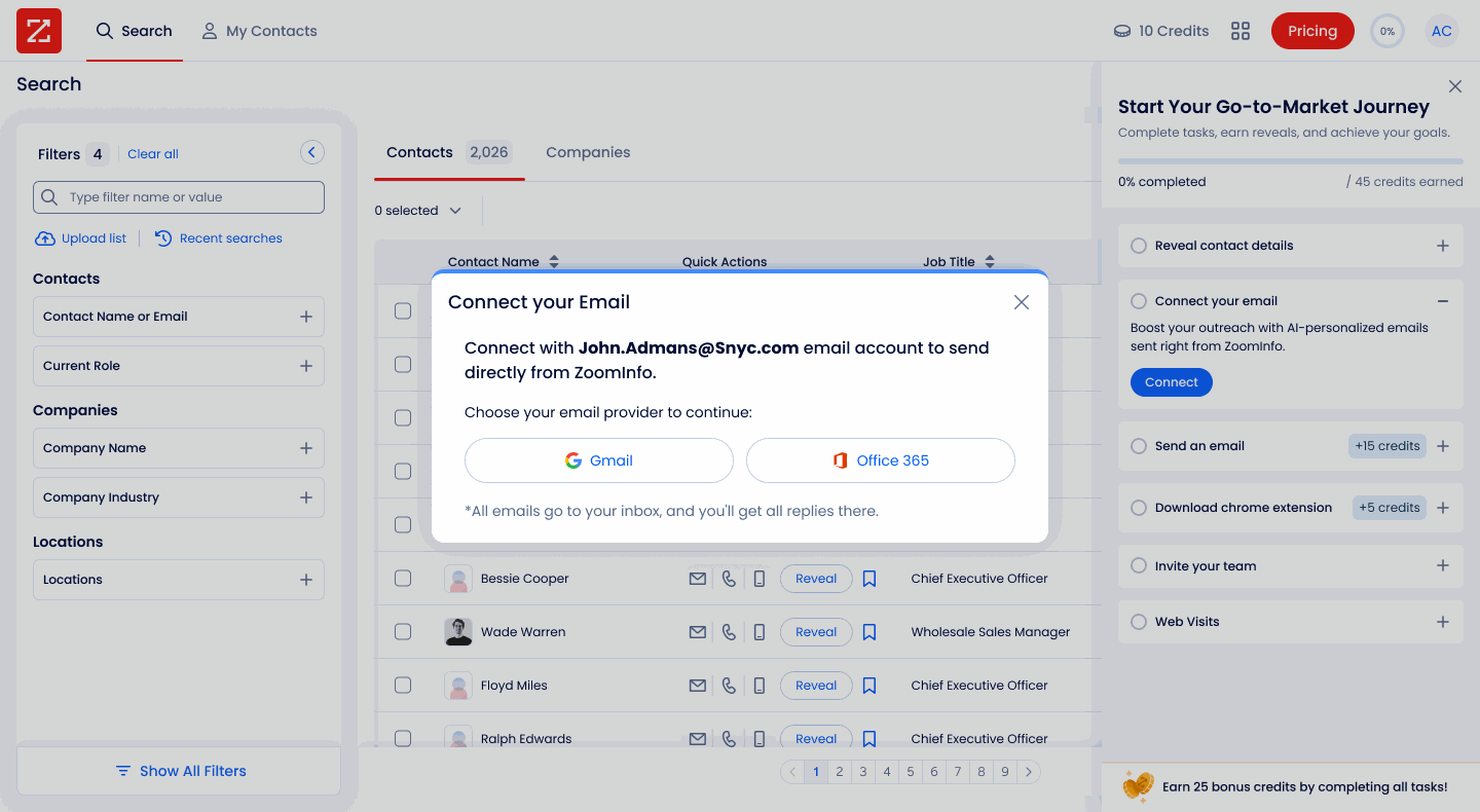 Before: the in-product Connect your Email popup, reached from the go-to-market checklist