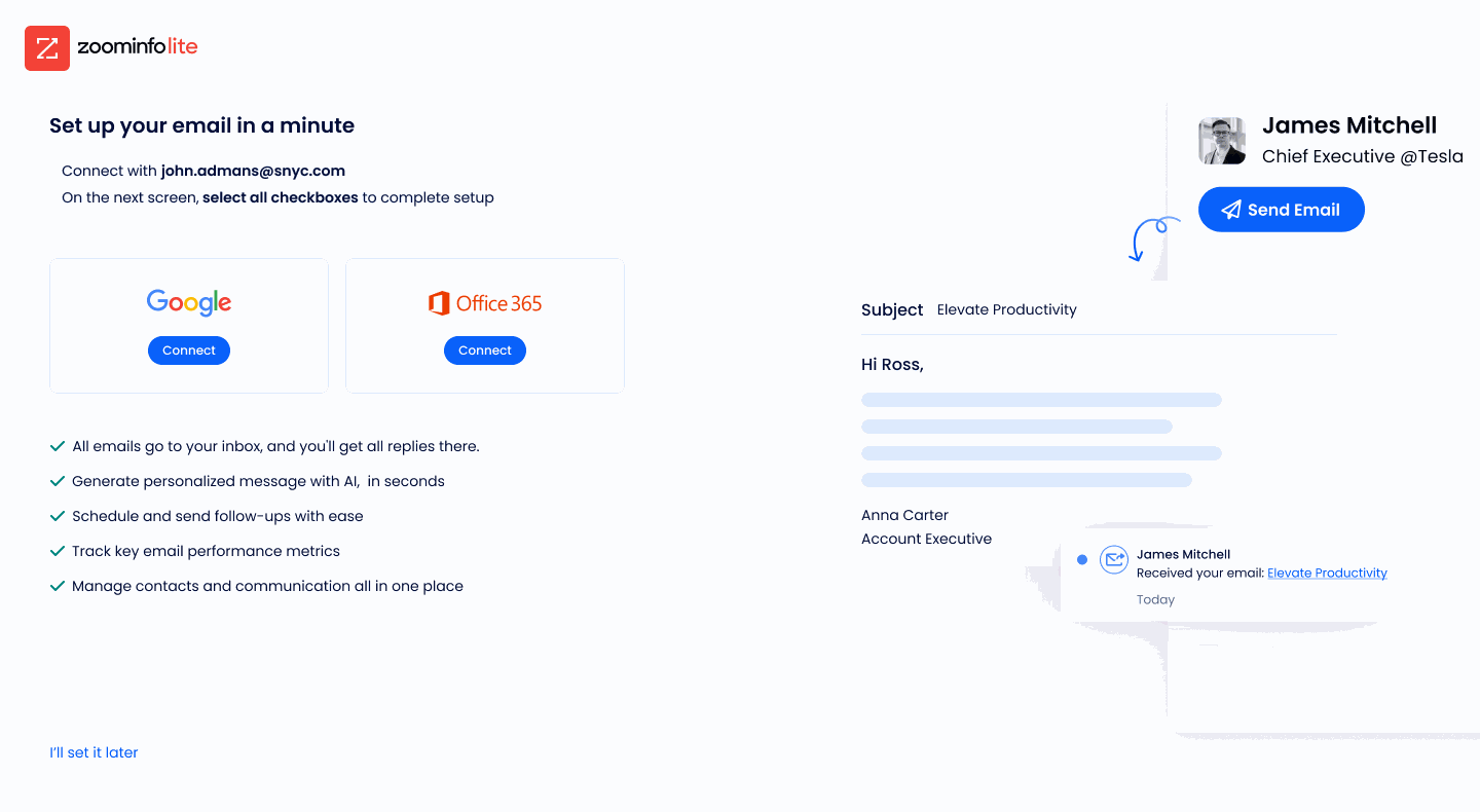 After: the new onboarding step, Set up your email in a minute
