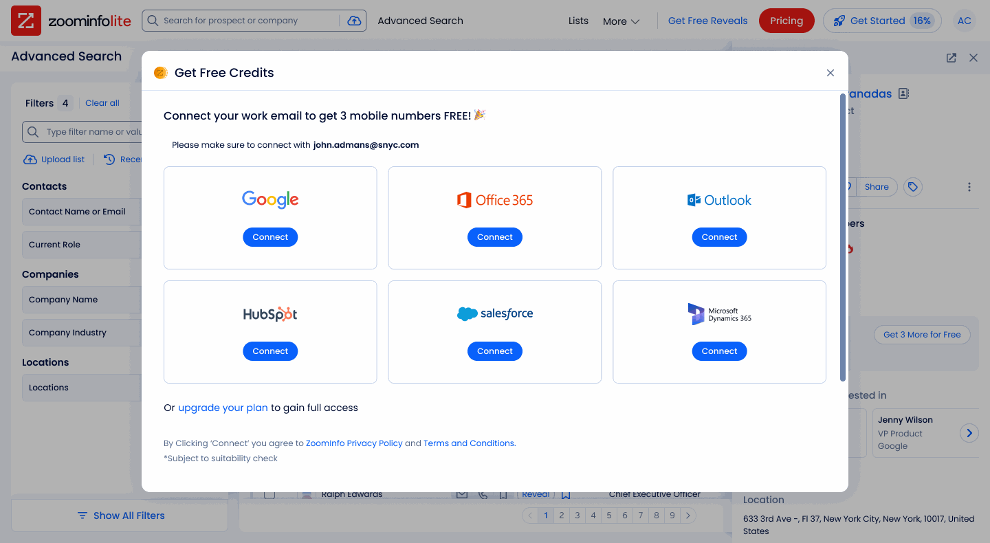The free-credits popup at the mobile-number limit: six connect options including HubSpot