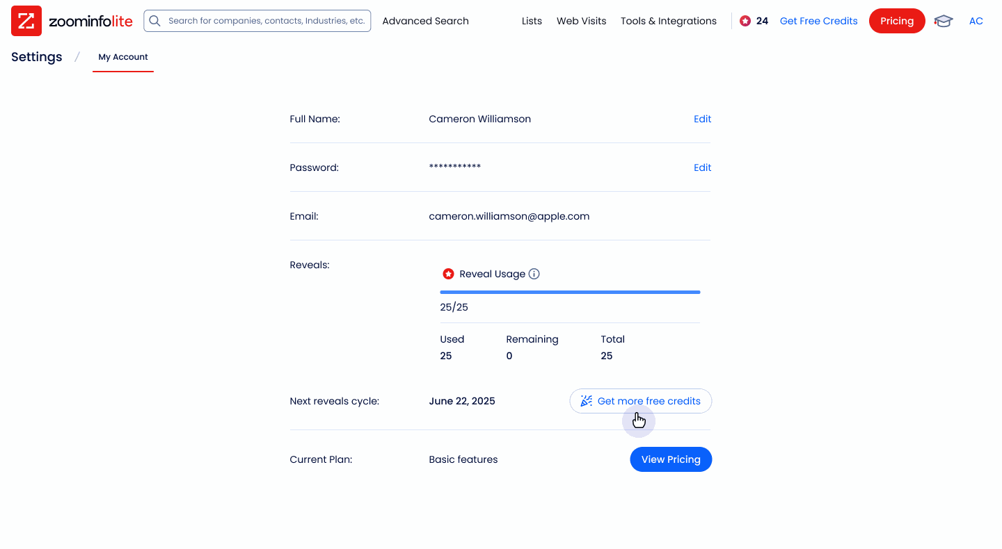 Settings at 25 of 25 reveals used, with a get-more-free-credits path