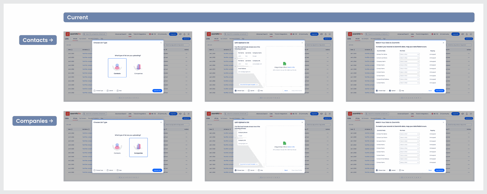 Before — original ZoomInfo Lite onboarding upload-list flow
