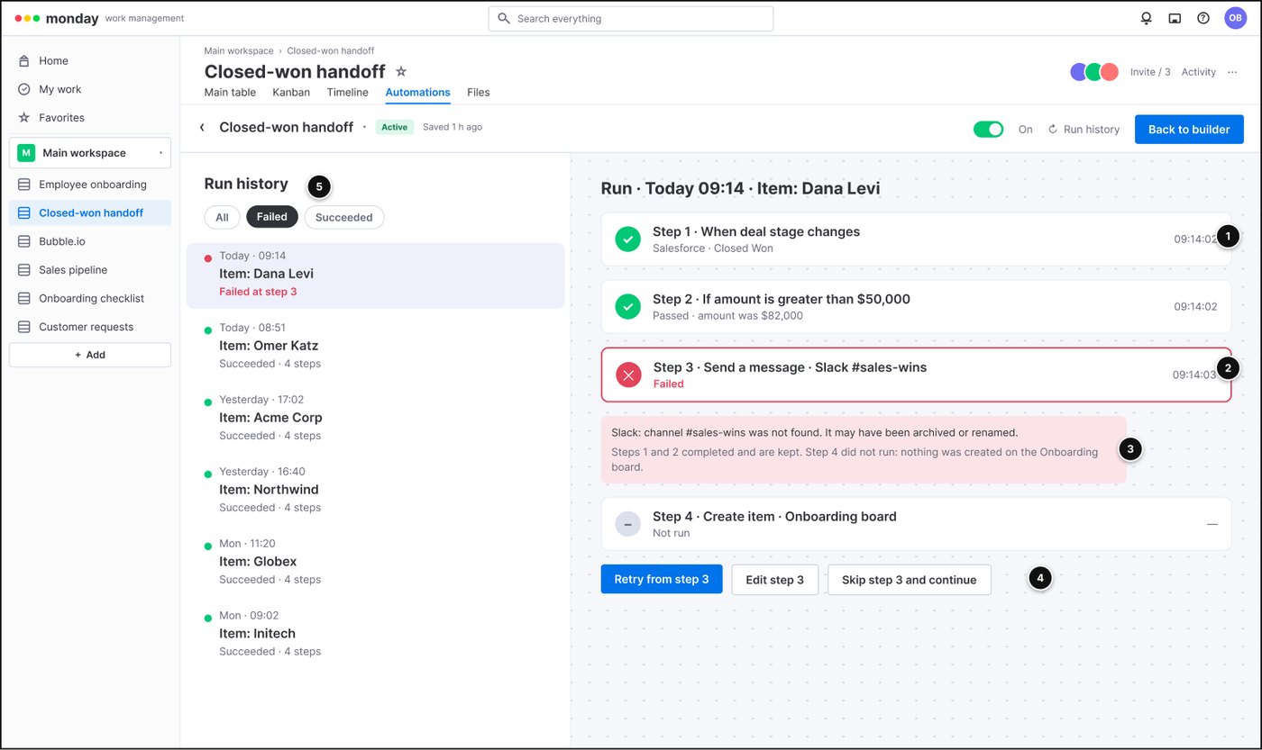 Screen 7, run history with per-step state