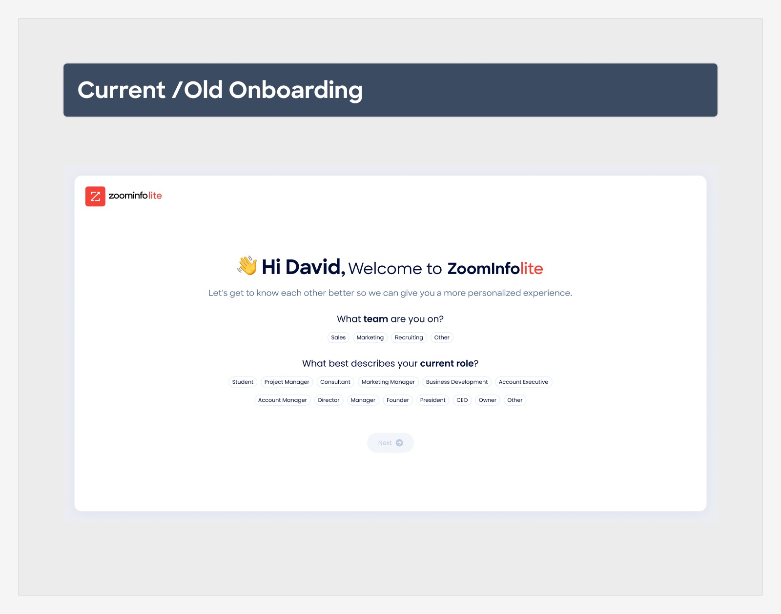 The old onboarding: team and role as a wall of chips