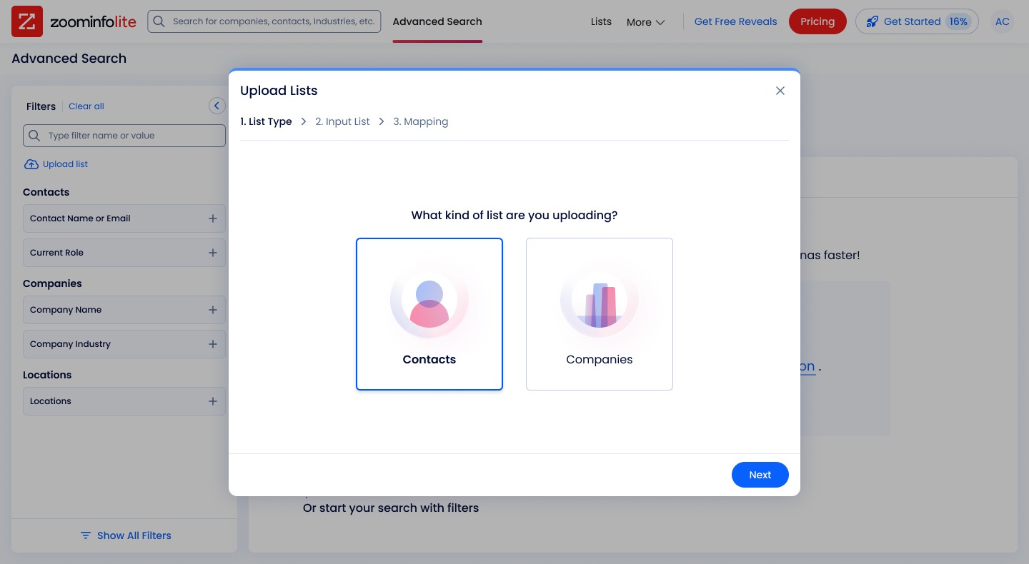 Upload lists entry point inside the product